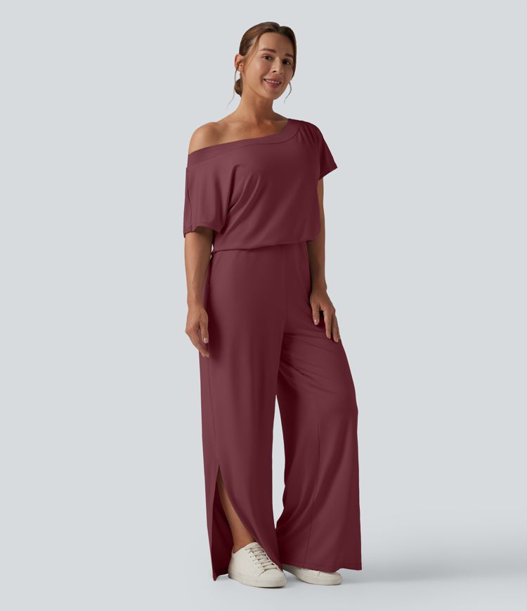 One-shoulder Short Sleeve Split Hem Casual Jumpsuit with Pockets-Easy Peezy