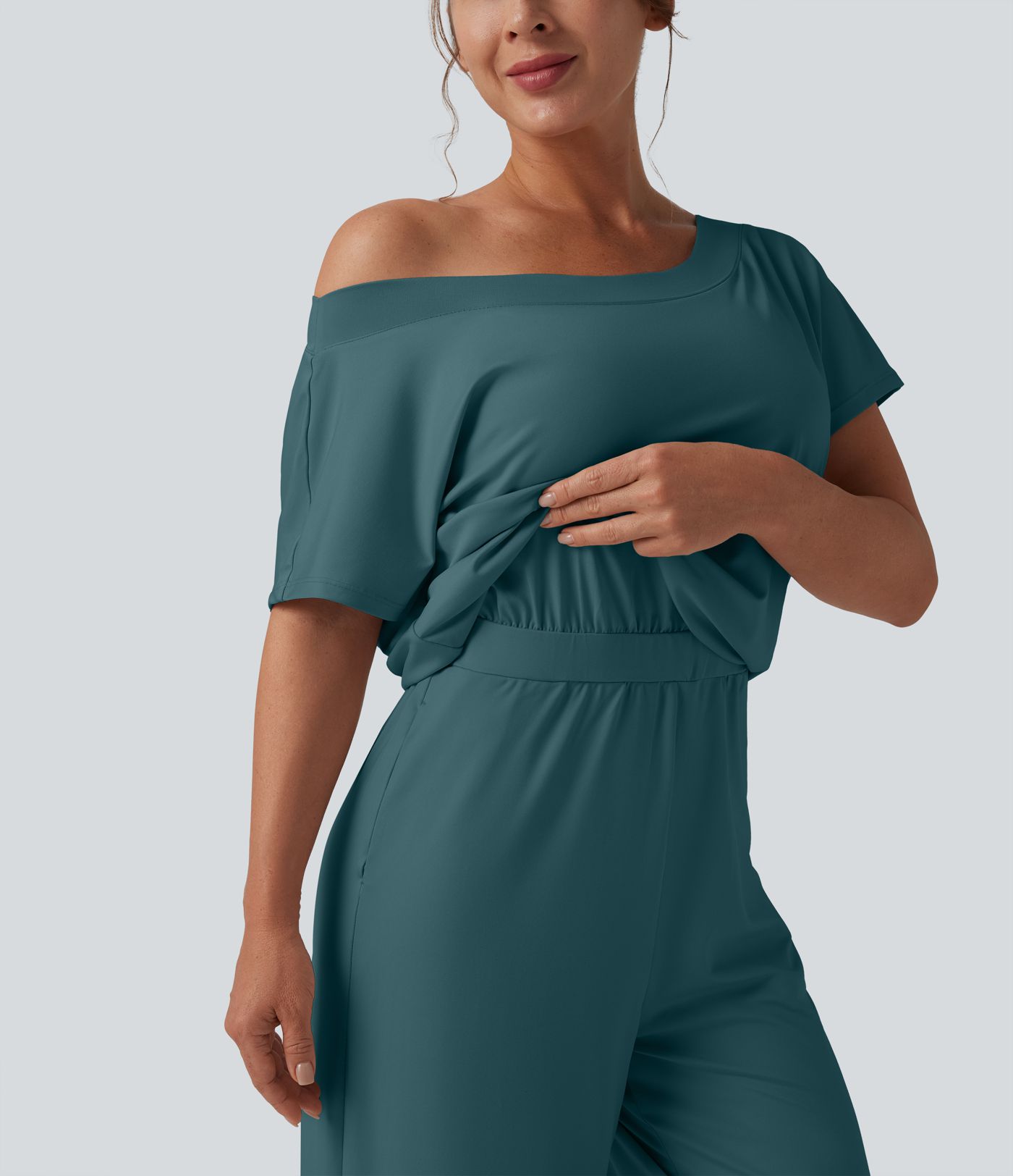 One-shoulder Short Sleeve Split Hem Casual Jumpsuit with Pockets-Easy Peezy One-shoulder Short Sleeve Split Hem Casual Jumpsuit with Pockets-Easy Peezy