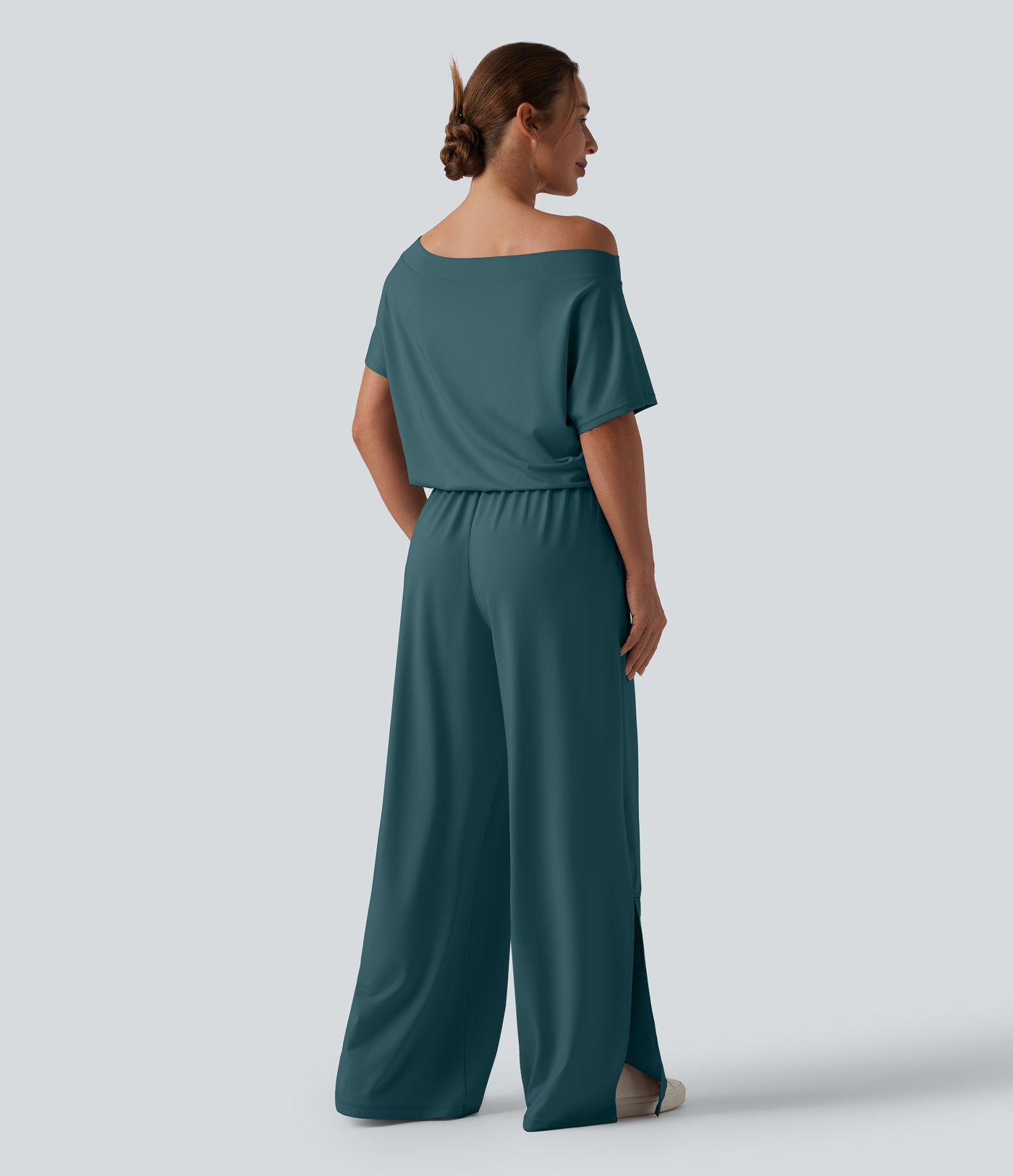 One-shoulder Short Sleeve Split Hem Casual Jumpsuit with Pockets-Easy Peezy One-shoulder Short Sleeve Split Hem Casual Jumpsuit with Pockets-Easy Peezy