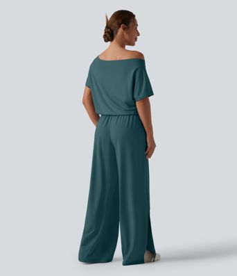 One-shoulder Short Sleeve Split Hem Casual Jumpsuit with Pockets-Easy Peezy One-shoulder Short Sleeve Split Hem Casual Jumpsuit with Pockets-Easy Peezy