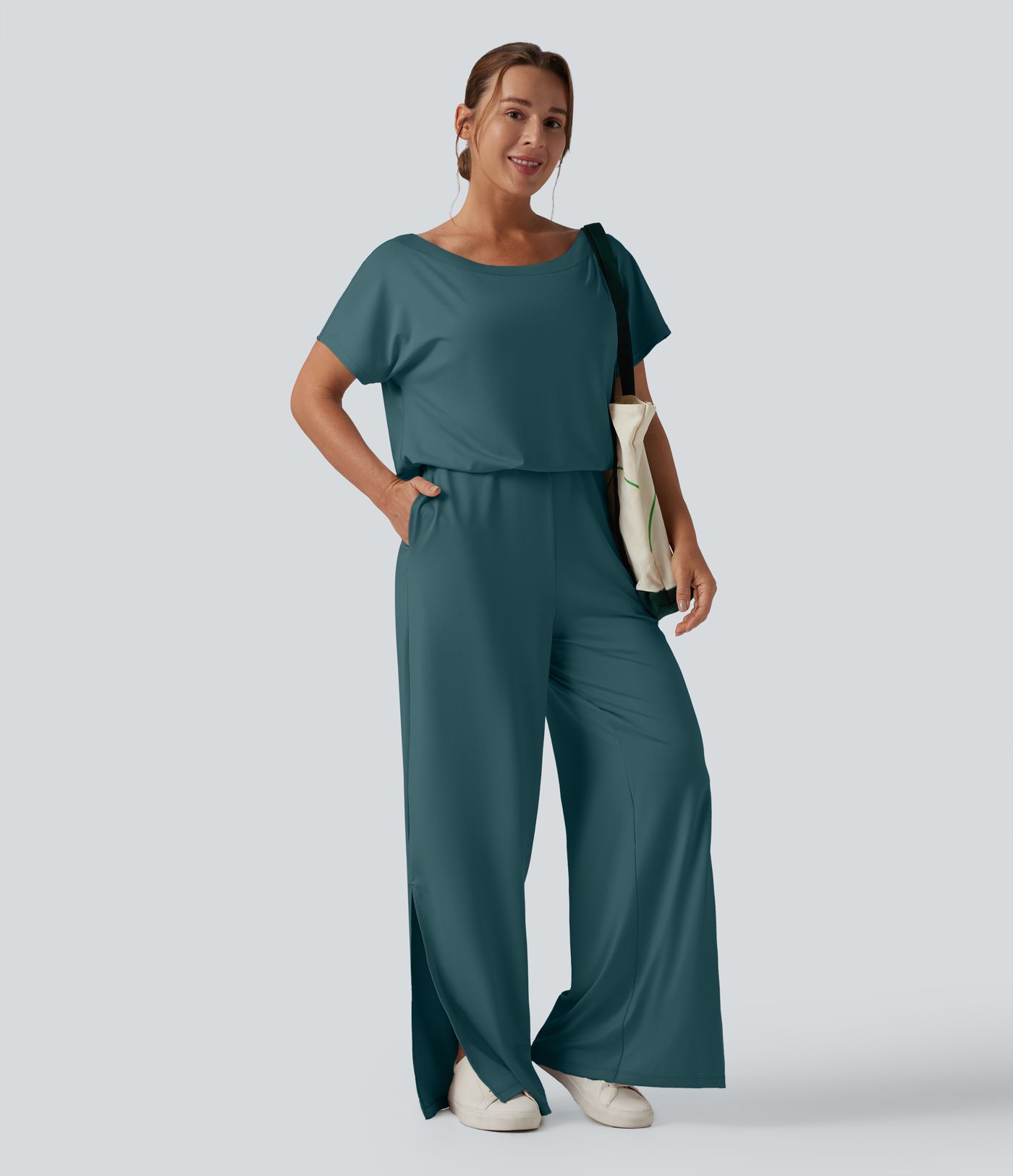 One-shoulder Short Sleeve Split Hem Casual Jumpsuit with Pockets-Easy Peezy One-shoulder Short Sleeve Split Hem Casual Jumpsuit with Pockets-Easy Peezy