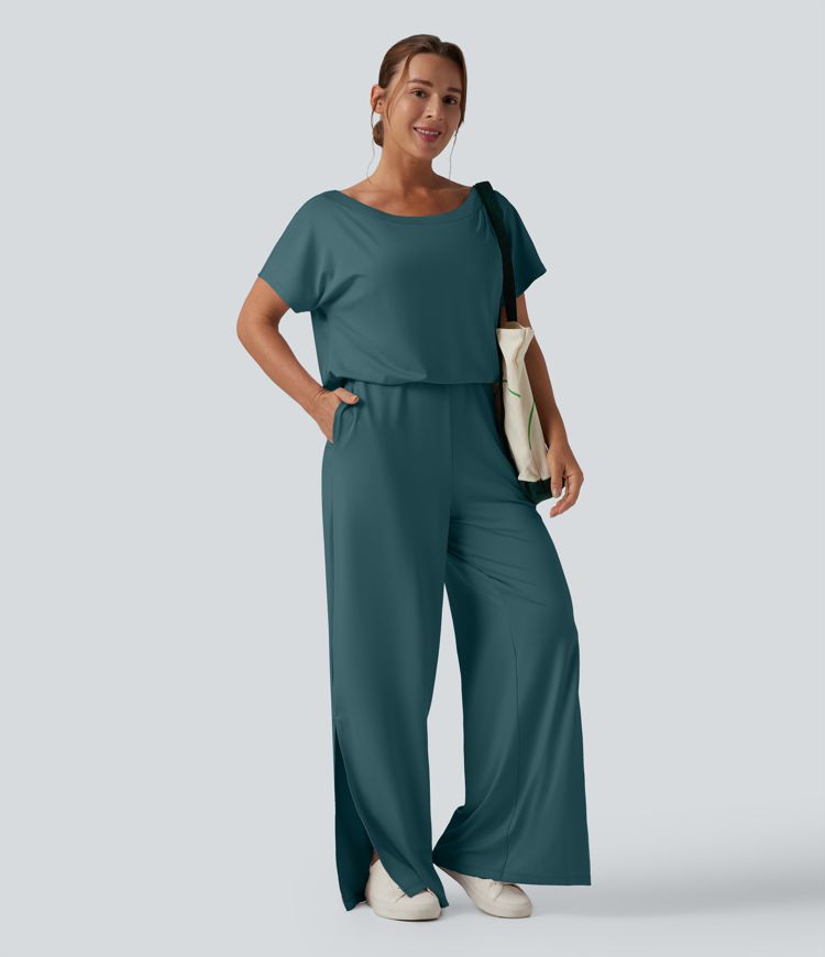 One-shoulder Short Sleeve Split Hem Casual Jumpsuit with Pockets-Easy Peezy One-shoulder Short Sleeve Split Hem Casual Jumpsuit with Pockets-Easy Peezy