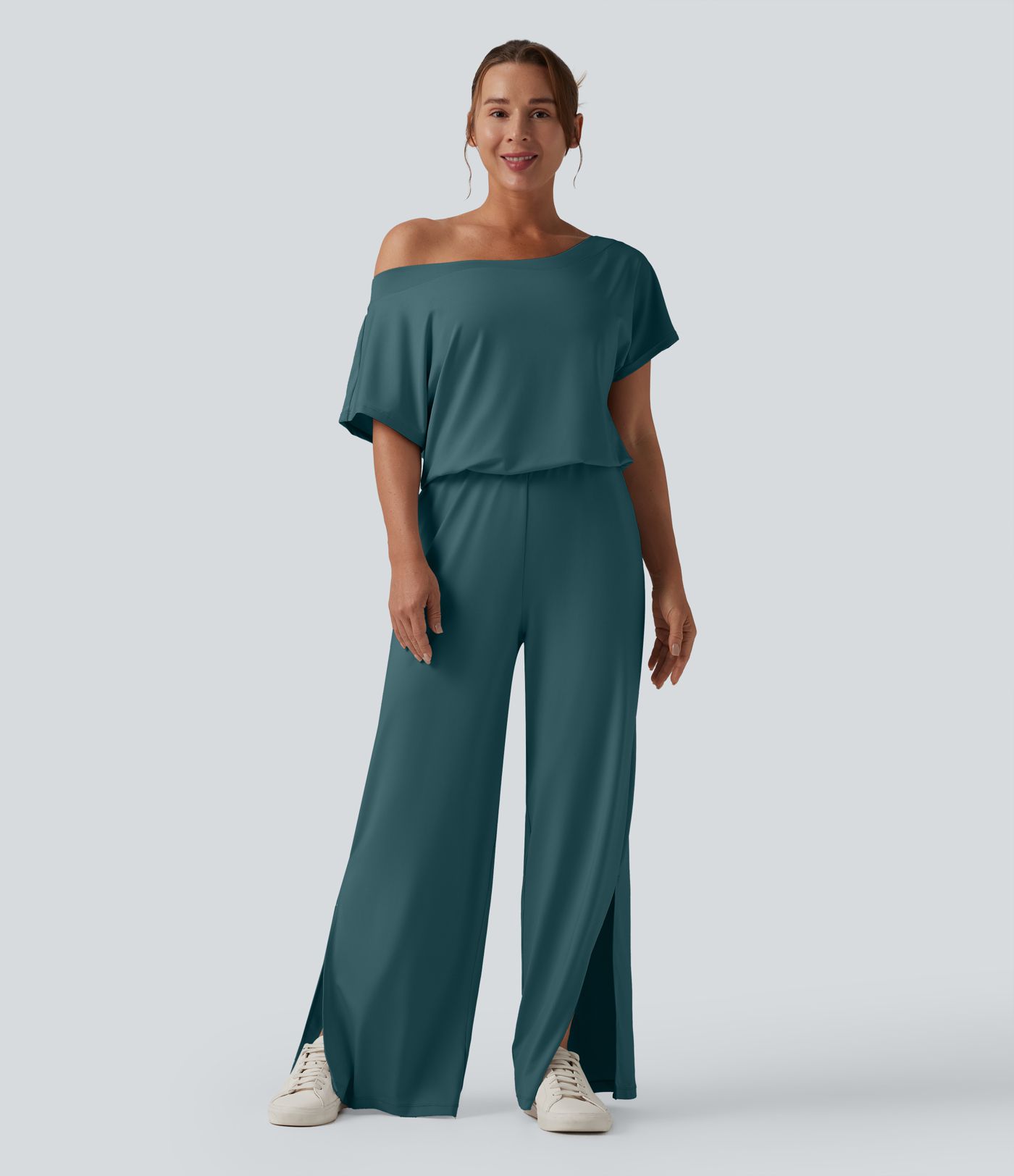 One-shoulder Short Sleeve Split Hem Casual Jumpsuit with Pockets-Easy Peezy One-shoulder Short Sleeve Split Hem Casual Jumpsuit with Pockets-Easy Peezy