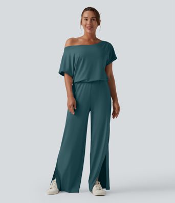One-shoulder Short Sleeve Split Hem Casual Jumpsuit with Pockets-Easy Peezy One-shoulder Short Sleeve Split Hem Casual Jumpsuit with Pockets-Easy Peezy