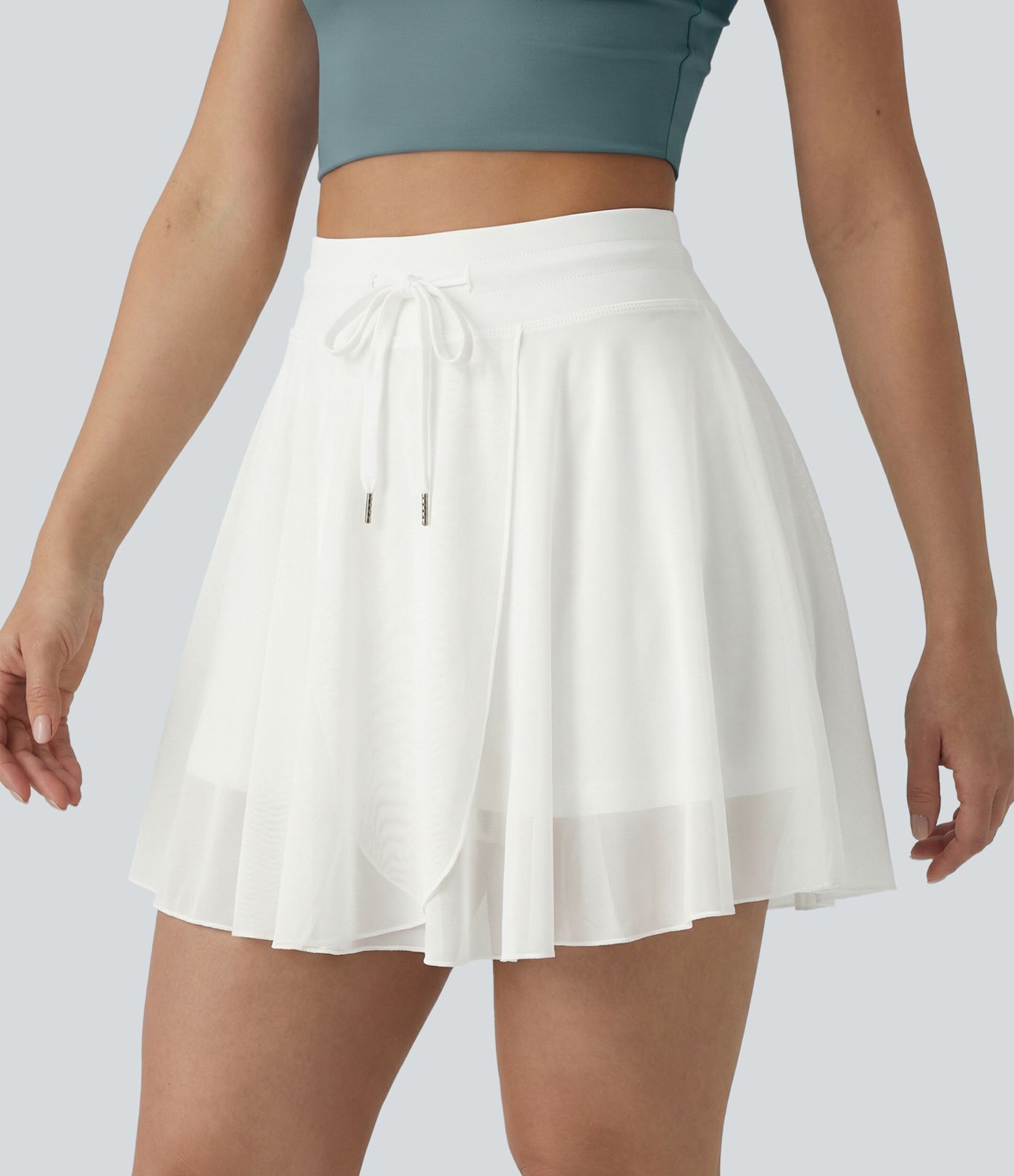 High Waisted Drawstring Contrast Mesh 2-in-1 Pocket Flowy Mini Flare Casual Skirt-Longer Length
