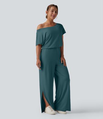One-shoulder Short Sleeve Split Hem Casual Jumpsuit with Pockets-Easy Peezy One-shoulder Short Sleeve Split Hem Casual Jumpsuit with Pockets-Easy Peezy