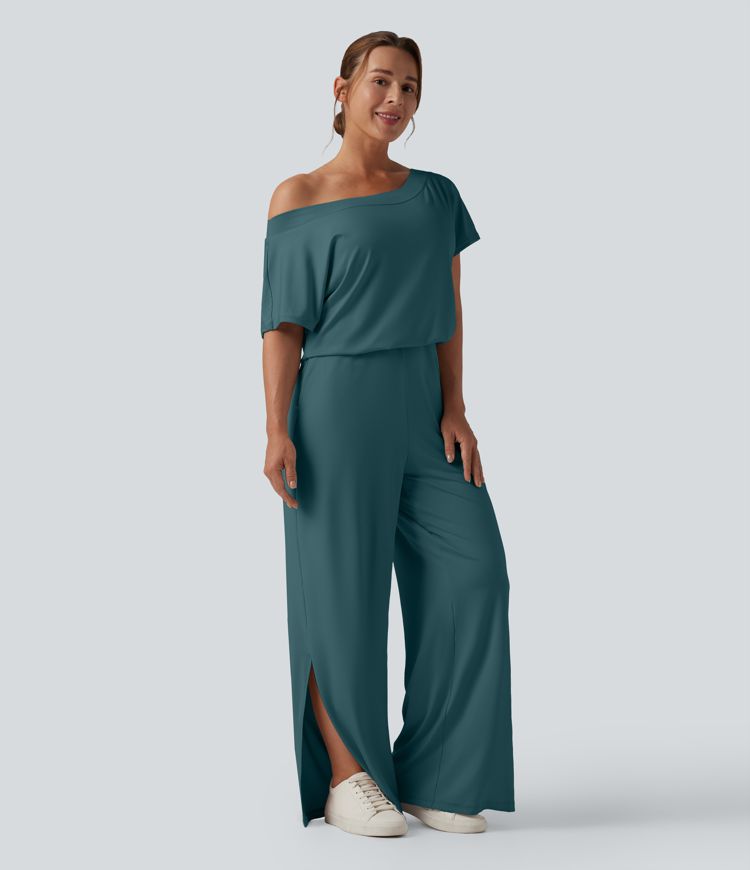 One-shoulder Short Sleeve Split Hem Casual Jumpsuit with Pockets-Easy Peezy One-shoulder Short Sleeve Split Hem Casual Jumpsuit with Pockets-Easy Peezy