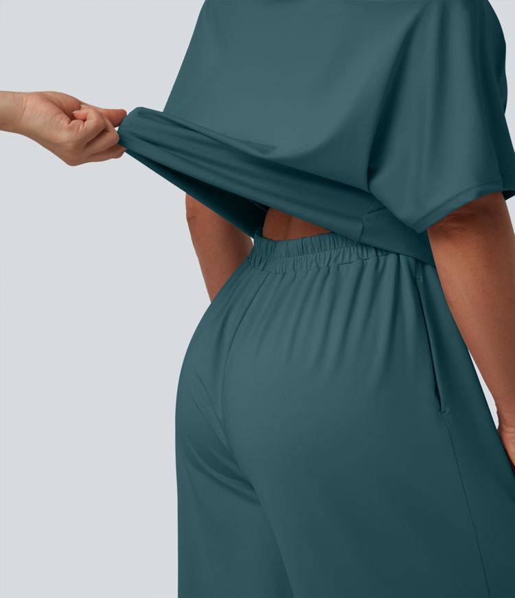One-shoulder Short Sleeve Split Hem Casual Jumpsuit with Pockets-Easy Peezy One-shoulder Short Sleeve Split Hem Casual Jumpsuit with Pockets-Easy Peezy