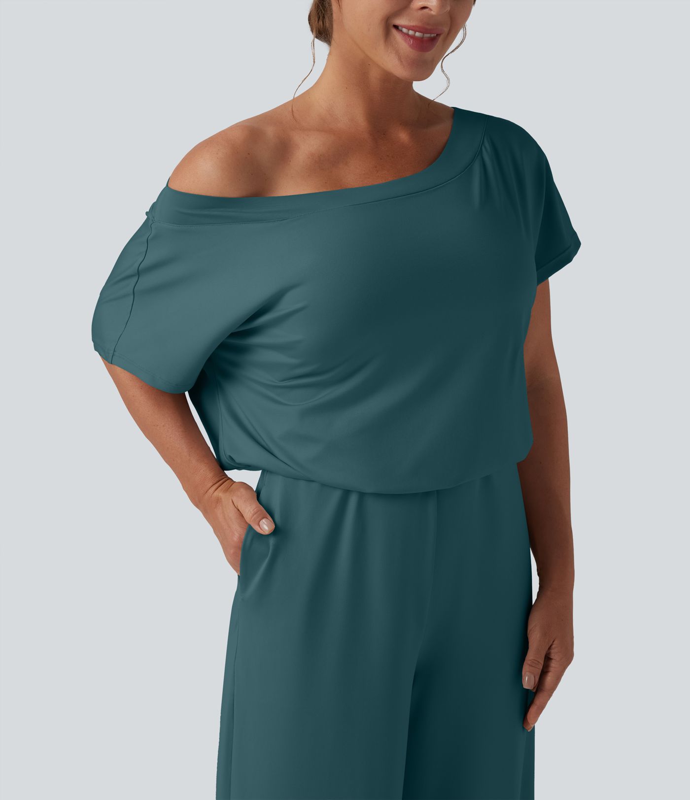 One-shoulder Short Sleeve Split Hem Casual Jumpsuit with Pockets-Easy Peezy One-shoulder Short Sleeve Split Hem Casual Jumpsuit with Pockets-Easy Peezy