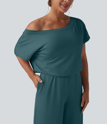 One-shoulder Short Sleeve Split Hem Casual Jumpsuit with Pockets-Easy Peezy One-shoulder Short Sleeve Split Hem Casual Jumpsuit with Pockets-Easy Peezy