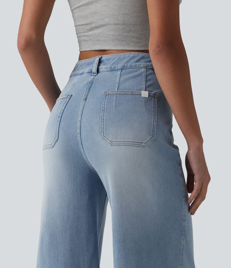 Halara Flex™ jean décontracté taille mi-haute, effet gainant pour le ventre, jambe large, avec poches