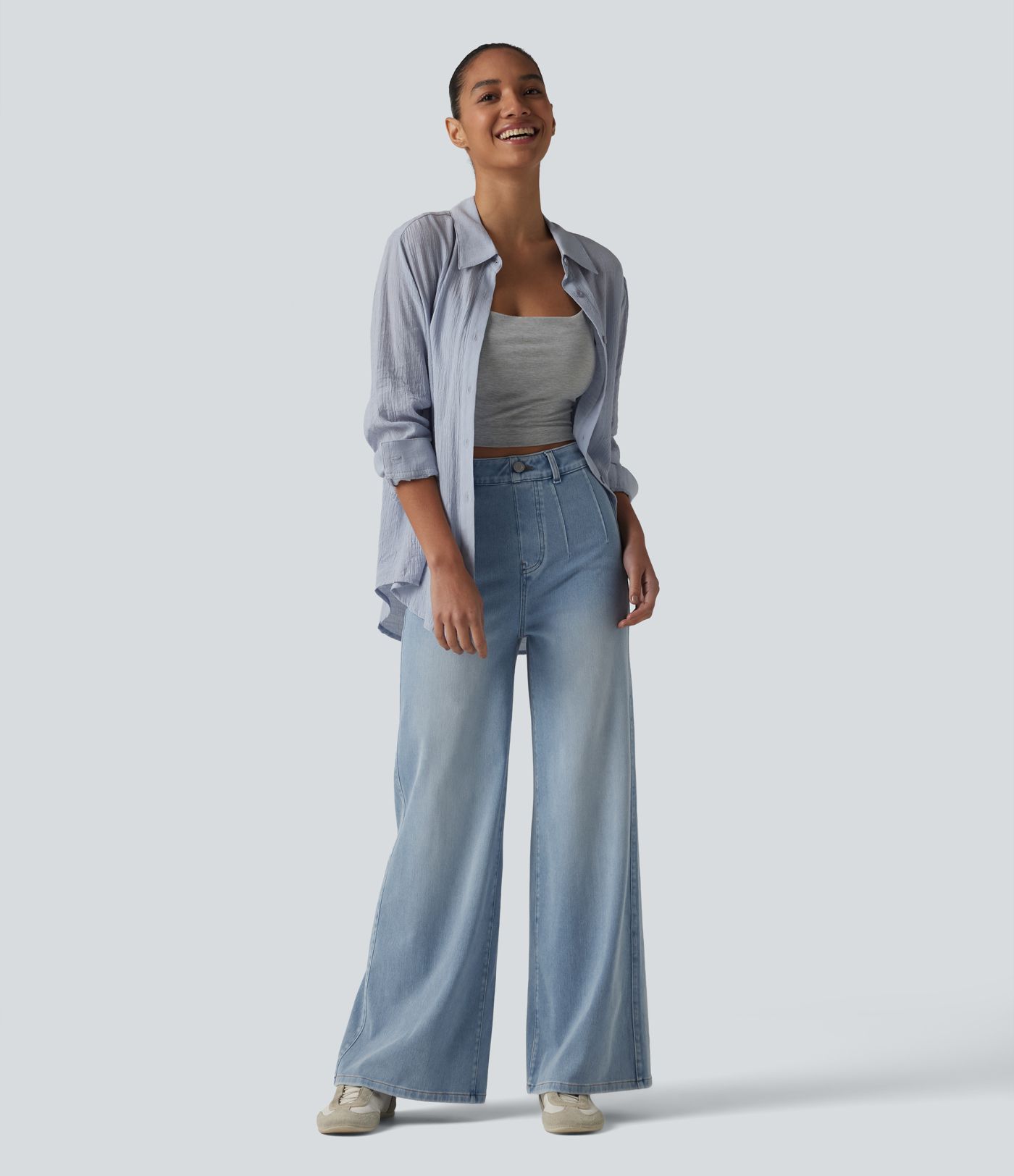 Halara Flex™ jean décontracté taille mi-haute, effet gainant pour le ventre, jambe large, avec poches