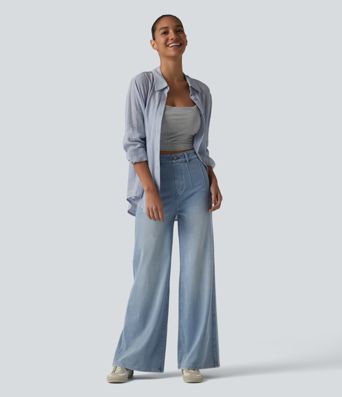 Halara Flex™ jean décontracté taille mi-haute, effet gainant pour le ventre, jambe large, avec poches