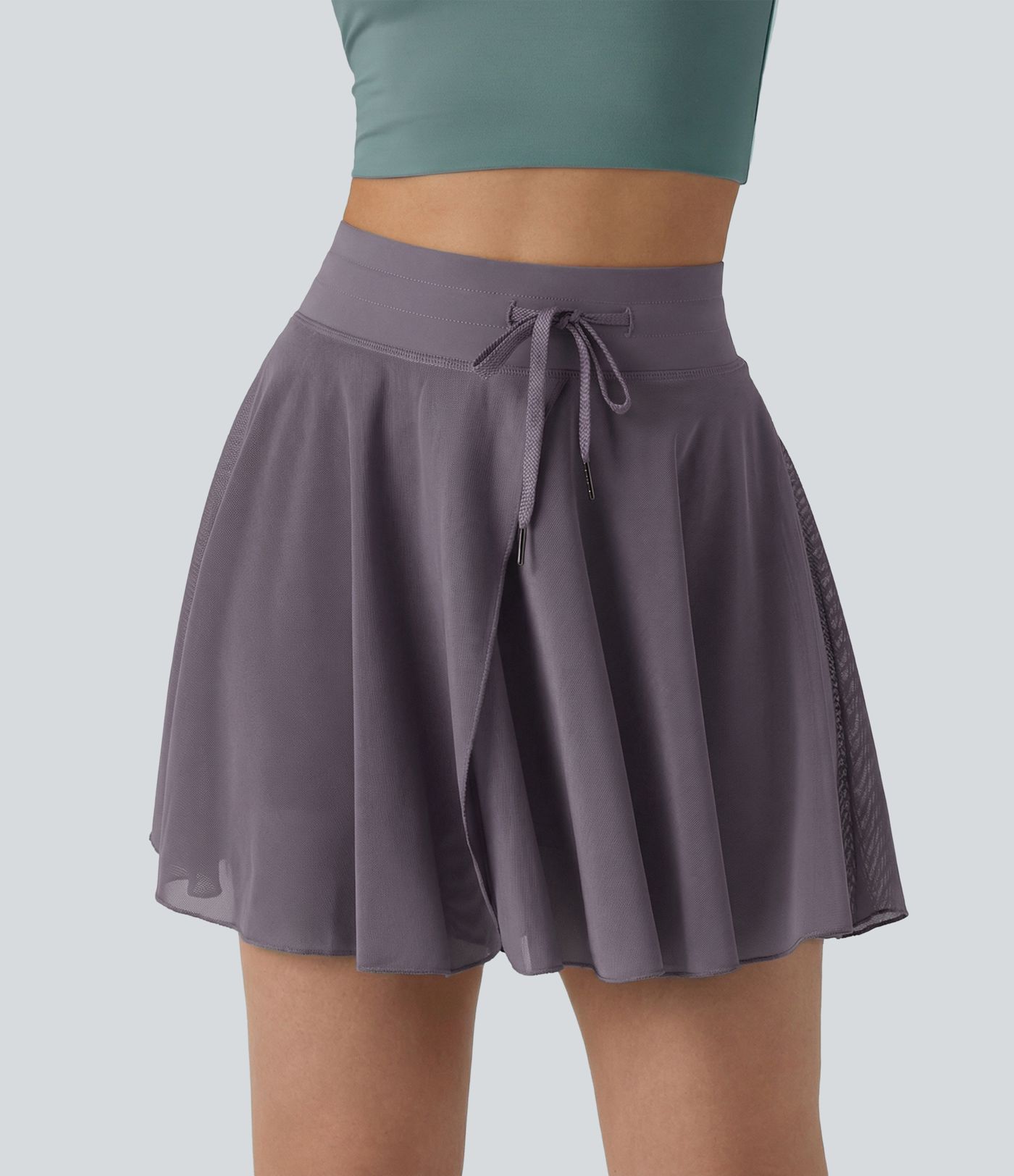 High Waisted Drawstring Contrast Mesh 2-in-1 Pocket Flowy Mini Flare Casual Skirt-Longer Length