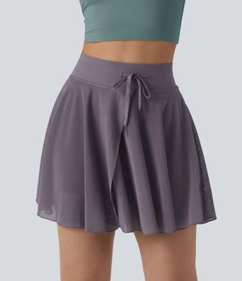 High Waisted Drawstring Contrast Mesh 2-in-1 Pocket Flowy Mini Flare Casual Skirt-Longer Length