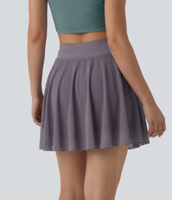 High Waisted Drawstring Contrast Mesh 2-in-1 Pocket Flowy Mini Flare Casual Skirt-Longer Length