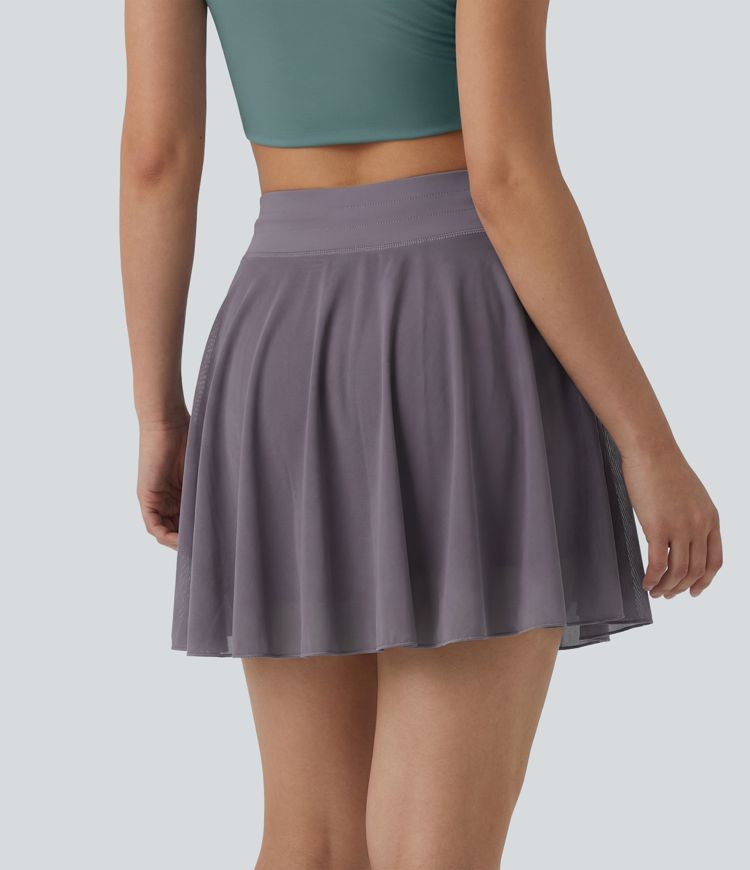 High Waisted Drawstring Contrast Mesh 2-in-1 Pocket Flowy Mini Flare Casual Skirt-Longer Length