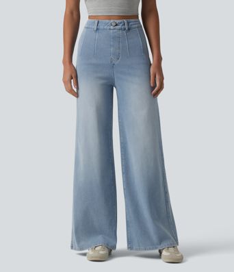 Halara Flex™ jean décontracté taille mi-haute, effet gainant pour le ventre, jambe large, avec poches