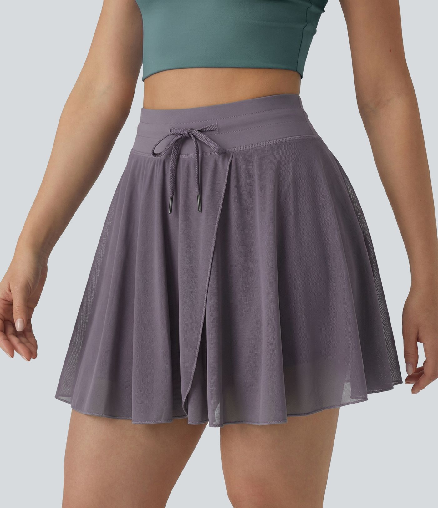 High Waisted Drawstring Contrast Mesh 2-in-1 Pocket Flowy Mini Flare Casual Skirt-Longer Length