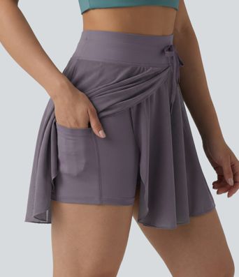 High Waisted Drawstring Contrast Mesh 2-in-1 Pocket Flowy Mini Flare Casual Skirt-Longer Length