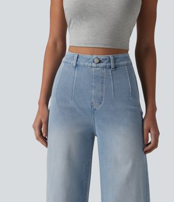 Halara Flex™ jean décontracté taille mi-haute, effet gainant pour le ventre, jambe large, avec poches