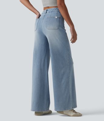 Halara Flex™ jean décontracté taille mi-haute, effet gainant pour le ventre, jambe large, avec poches