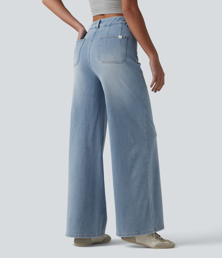 Halara Flex™ jean décontracté taille mi-haute, effet gainant pour le ventre, jambe large, avec poches
