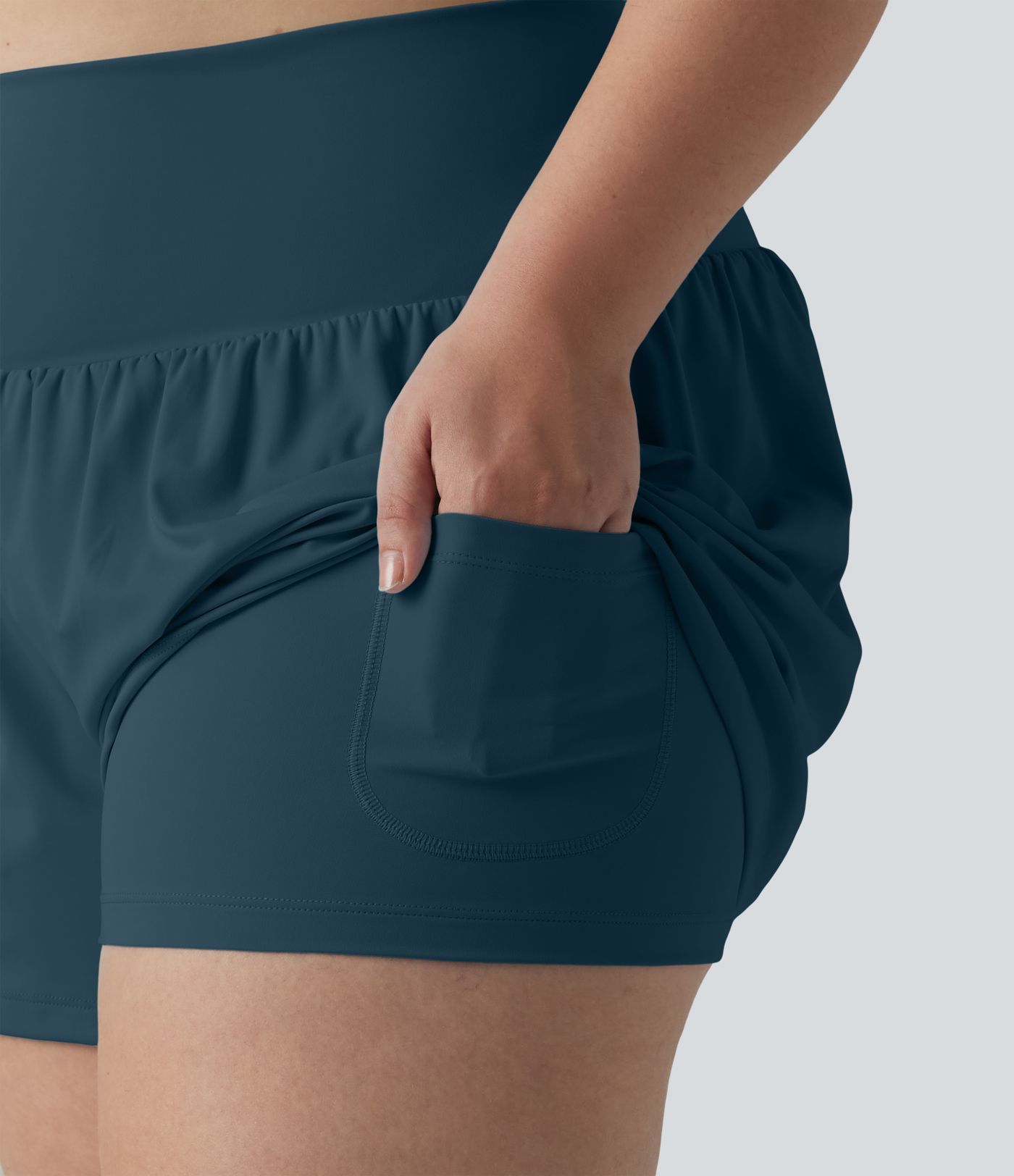 Pantalón corto de yoga 2 en 1 con bolsillo trasero de talle muy alto y bolsillo lateral oculto de longitud más larga de 5 pulgadas