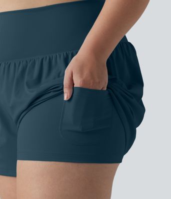 Pantalón corto de yoga 2 en 1 con bolsillo trasero de talle muy alto y bolsillo lateral oculto de longitud más larga de 5 pulgadas