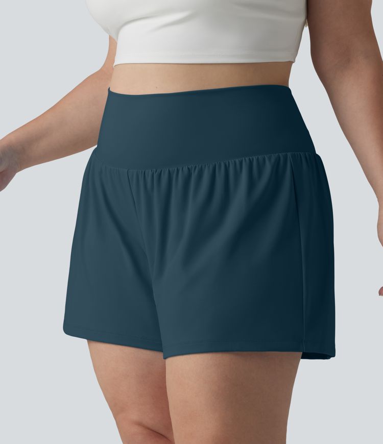 Pantalón corto de yoga 2 en 1 con bolsillo trasero de talle muy alto y bolsillo lateral oculto de longitud más larga de 5 pulgadas