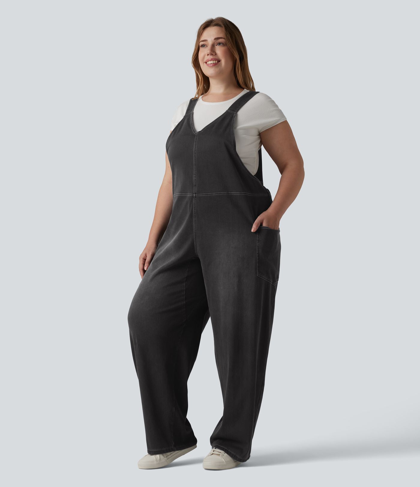 Halara Flex™ V Neck Washed Denim Casual Plus Size Overalls with Pockets