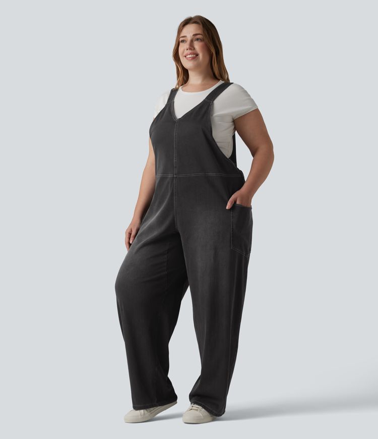 Halara Flex™ V Neck Washed Denim Casual Plus Size Overalls with Pockets