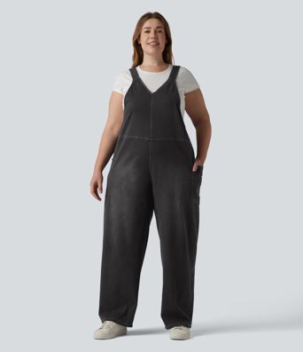 Halara Flex™ V Neck Washed Denim Casual Plus Size Overalls with Pockets