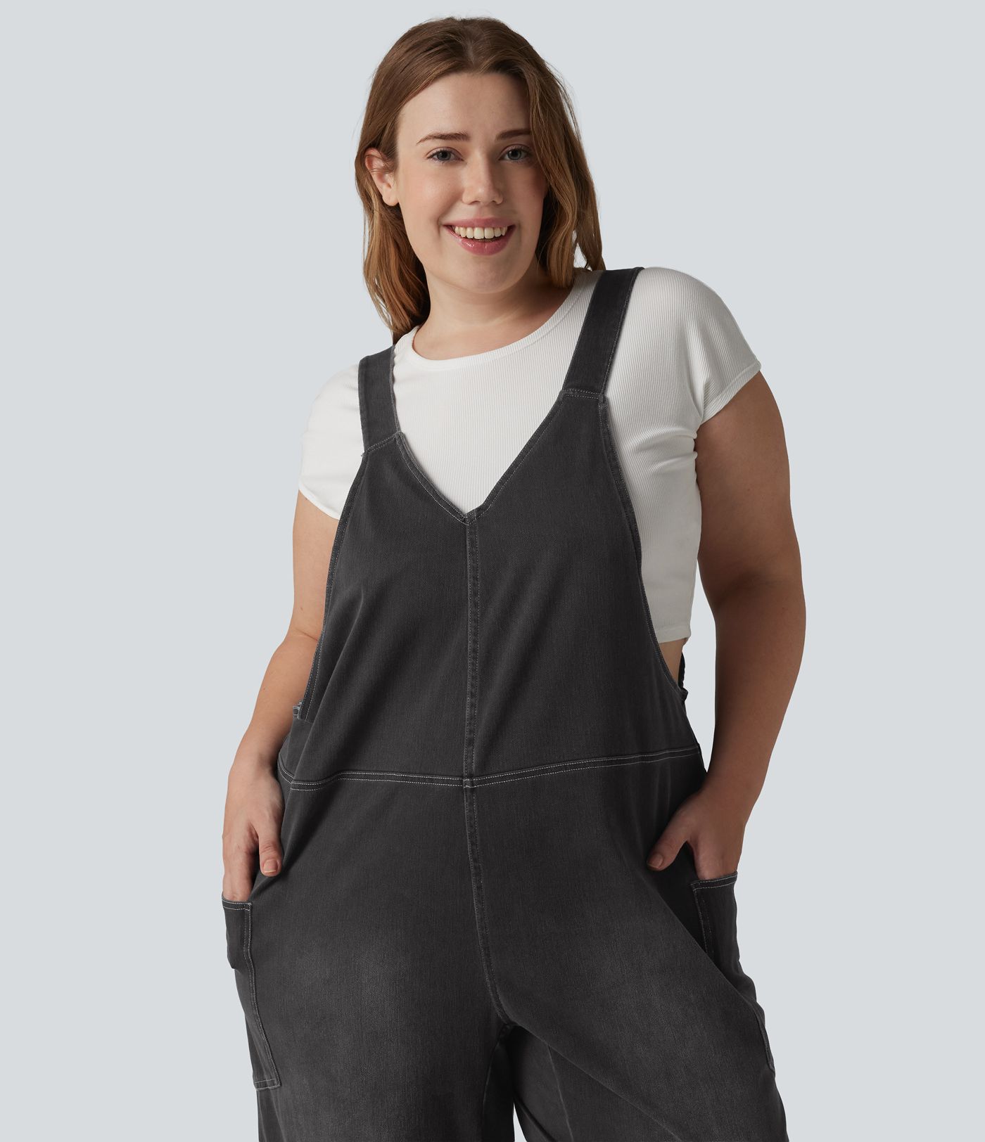 Halara Flex™ V Neck Washed Denim Casual Plus Size Overalls with Pockets