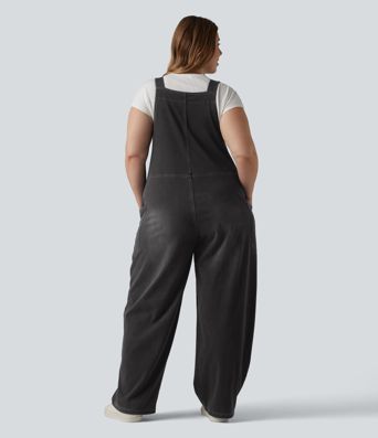 Halara Flex™ V Neck Washed Denim Casual Plus Size Overalls with Pockets
