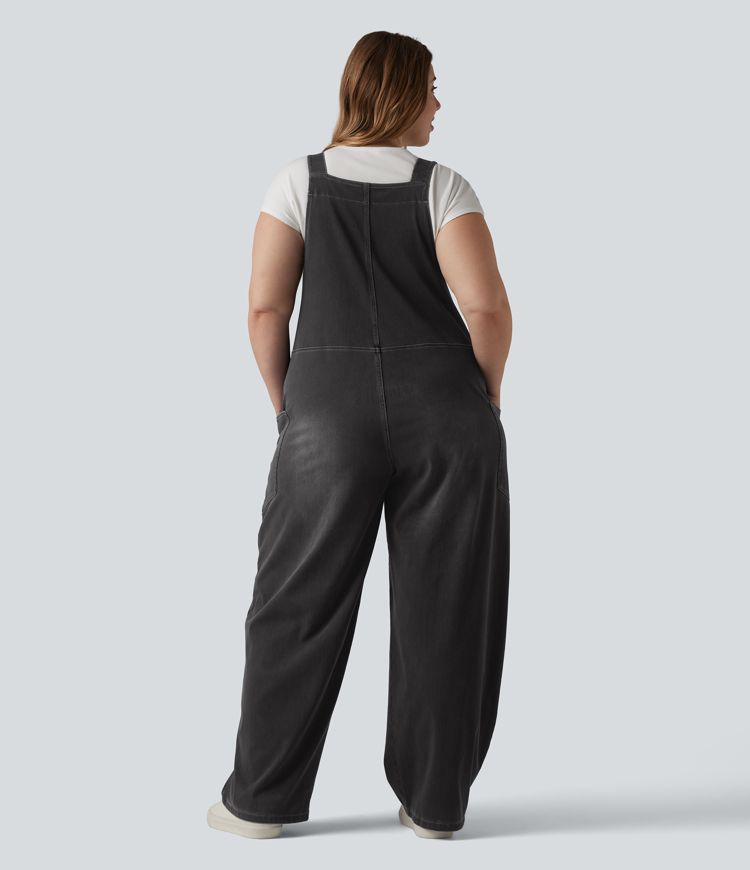 Halara Flex™ V Neck Washed Denim Casual Plus Size Overalls with Pockets