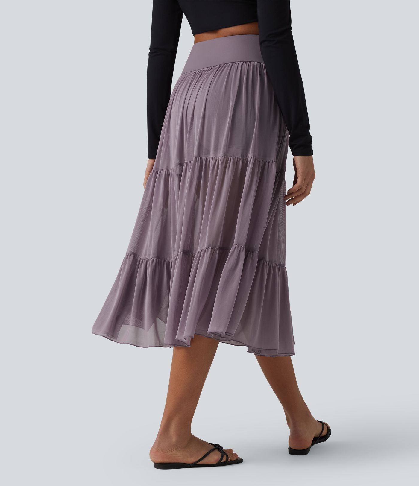 Crossover High Waisted 2-in-1 Breathable Mesh Midi Flowy Casual Tiered Skirt with Pockets