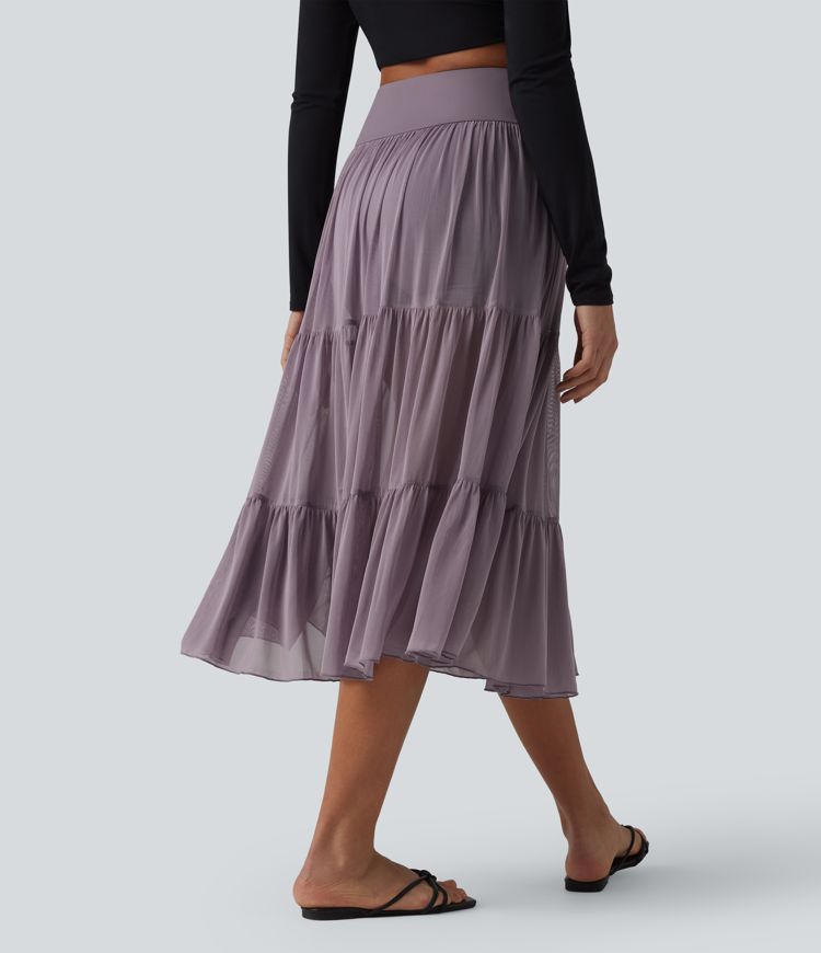 Crossover High Waisted 2-in-1 Breathable Mesh Midi Flowy Casual Tiered Skirt with Pockets