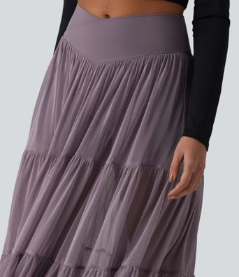Crossover High Waisted 2-in-1 Breathable Mesh Midi Flowy Casual Tiered Skirt with Pockets