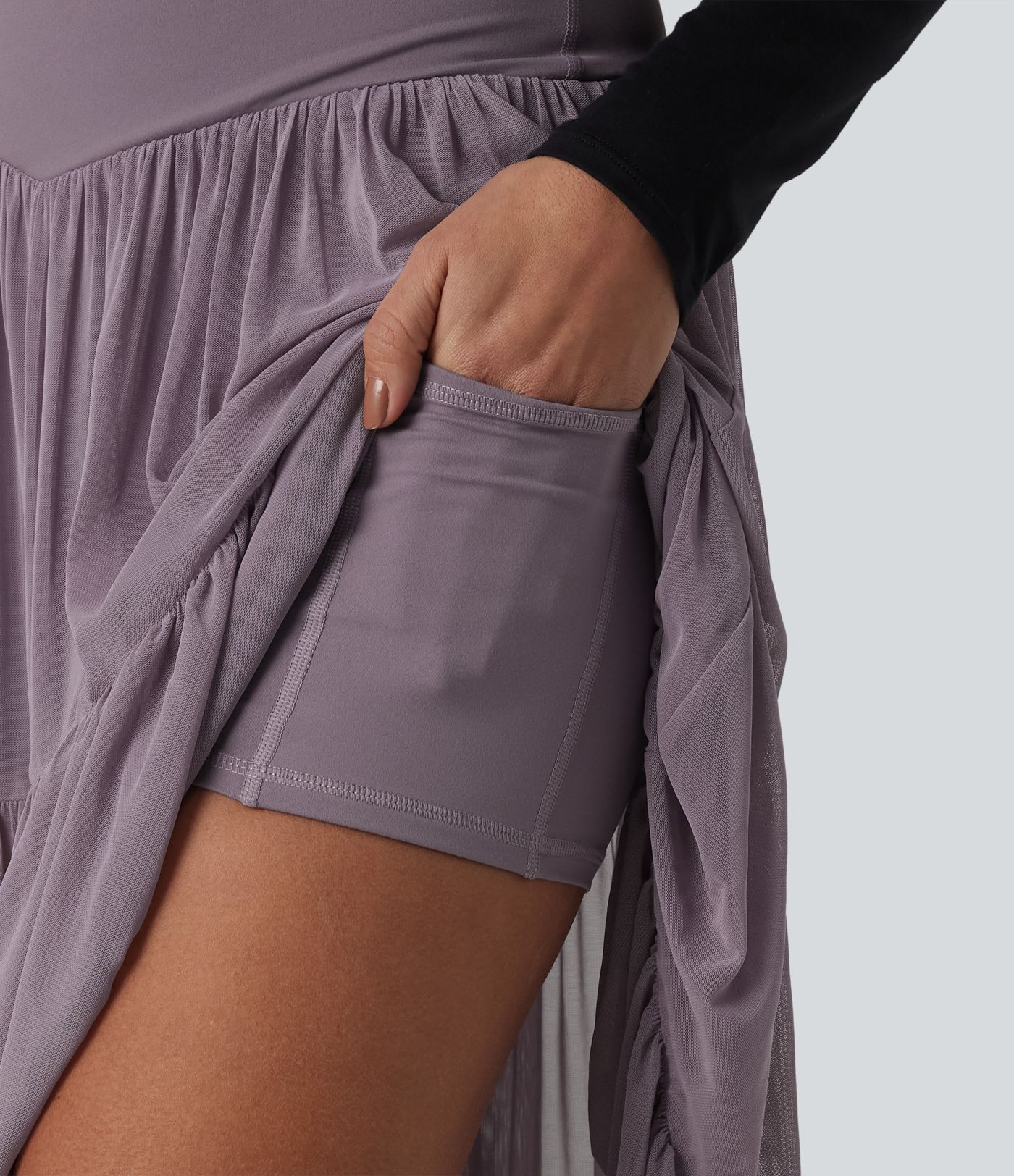 Crossover High Waisted 2-in-1 Breathable Mesh Midi Flowy Casual Tiered Skirt with Pockets