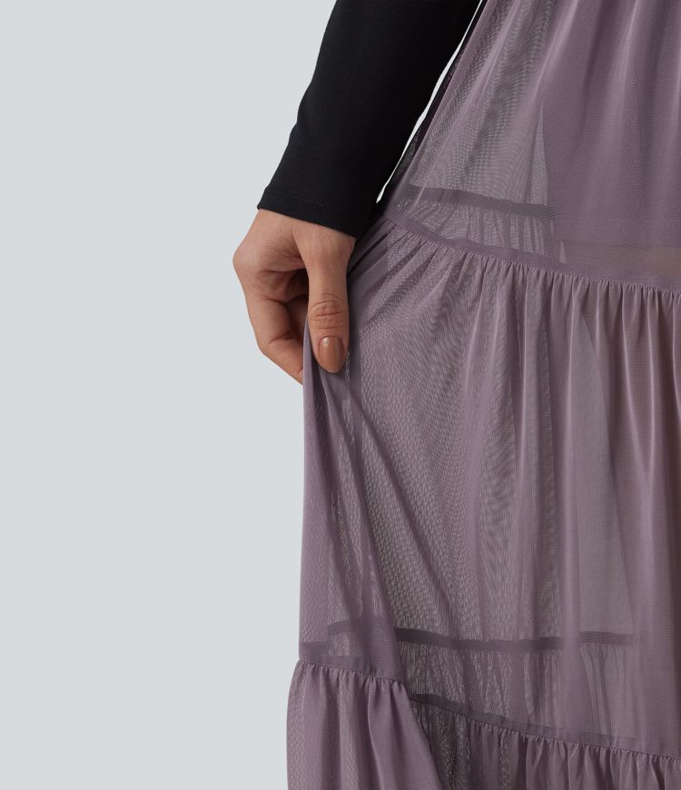 Crossover High Waisted 2-in-1 Breathable Mesh Midi Flowy Casual Tiered Skirt with Pockets