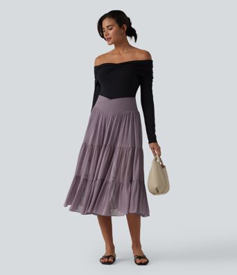 Crossover High Waisted 2-in-1 Breathable Mesh Midi Flowy Casual Tiered Skirt with Pockets