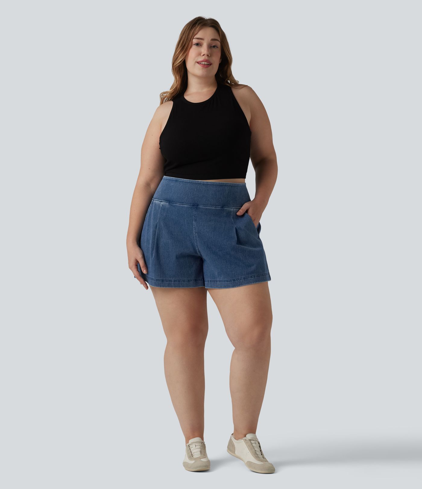 Halara Flex™ High Waisted Denim Casual Baggy Plus Size Shorts 4'' with Pockets