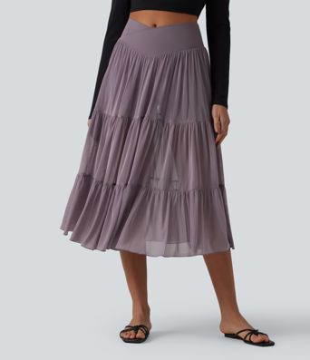Crossover High Waisted 2-in-1 Breathable Mesh Midi Flowy Casual Tiered Skirt with Pockets