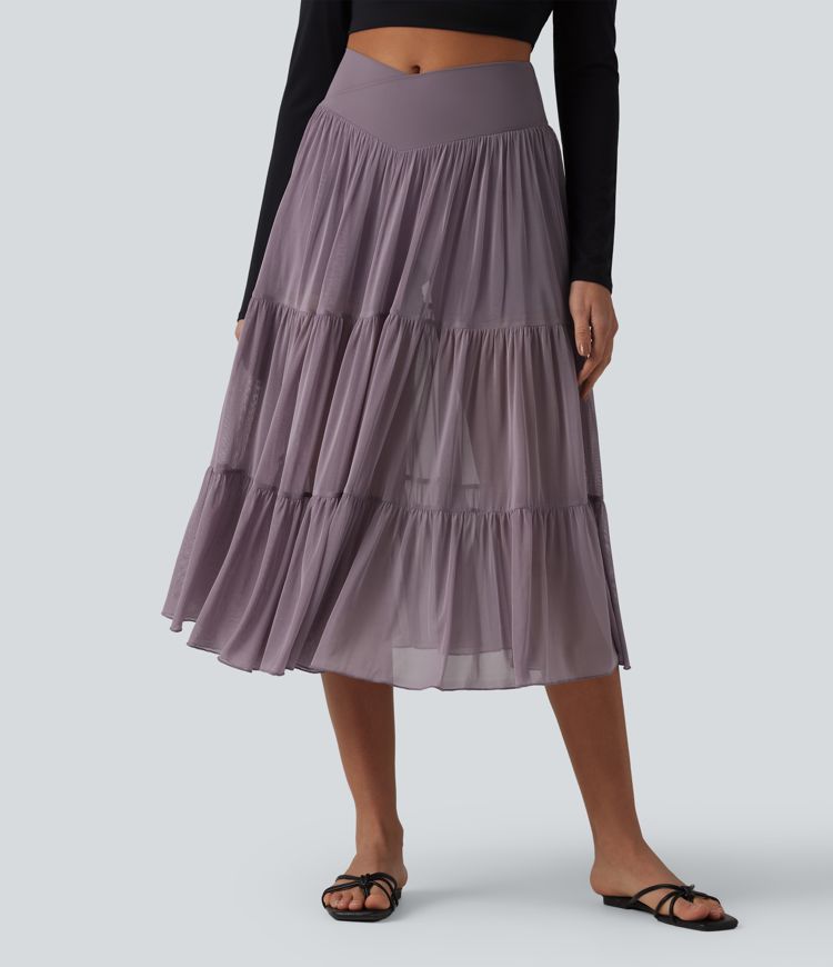 Crossover High Waisted 2-in-1 Breathable Mesh Midi Flowy Casual Tiered Skirt with Pockets