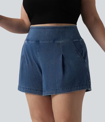 Halara Flex™ High Waisted Denim Casual Baggy Plus Size Shorts 4'' with Pockets