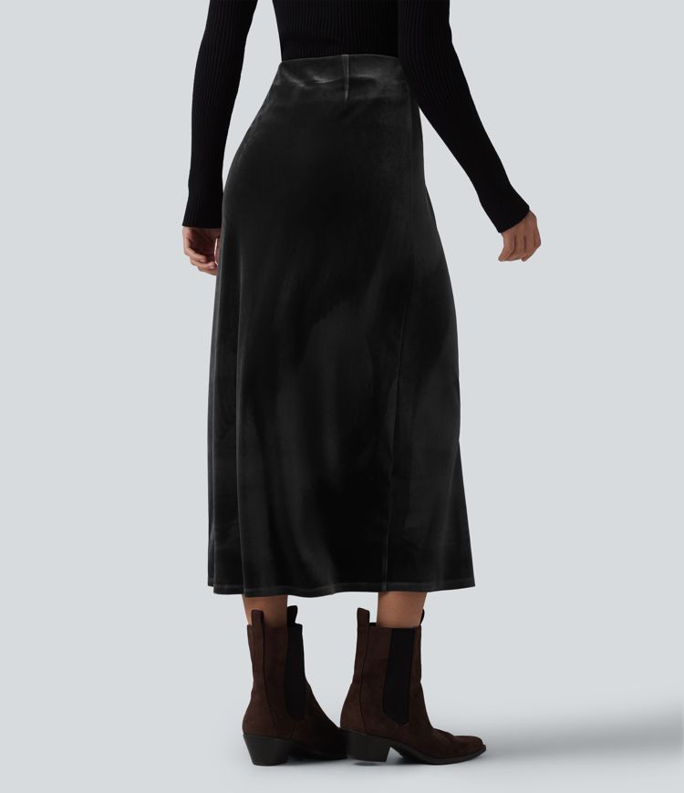 High Waisted Velvet Midi Work Skirt