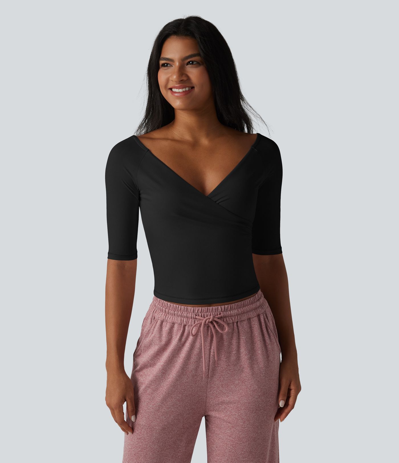 Haut casual col V croisé manches mi-longues coupe ultra-ajustée toucher frais UPF50+