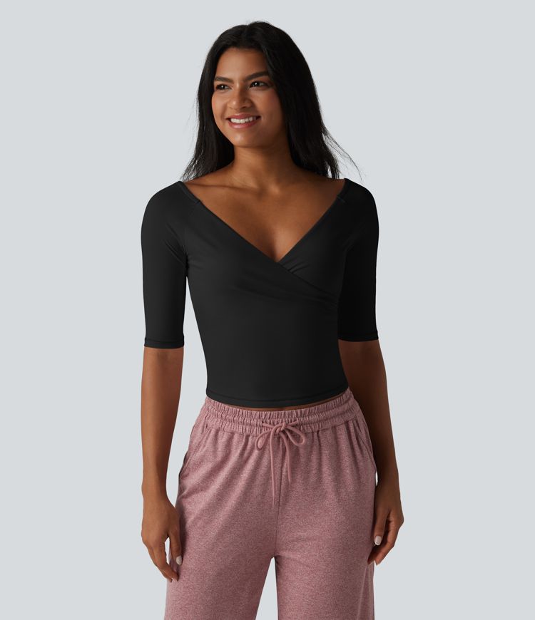 Haut casual col V croisé manches mi-longues coupe ultra-ajustée toucher frais UPF50+
