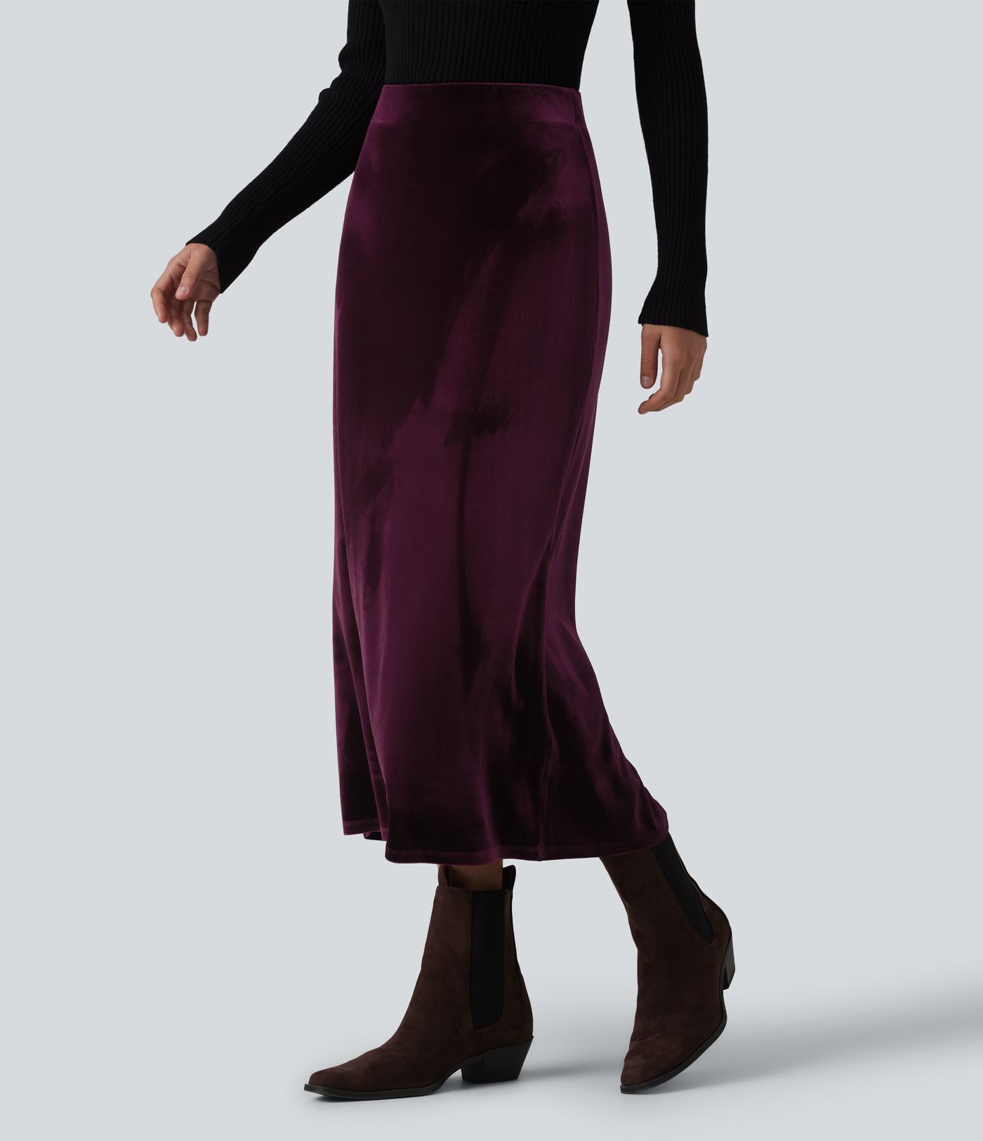 High Waisted Velvet Midi Work Skirt